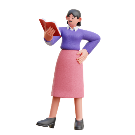 Frau liest ein Buch im Stehen  3D Illustration