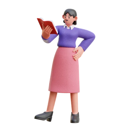 Frau liest ein Buch im Stehen  3D Illustration