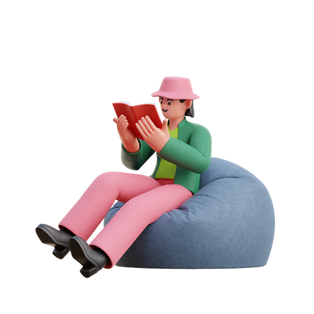 Frau liest ein Buch, während sie auf einem Sitzsack sitzt  3D Illustration