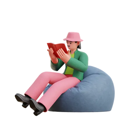 Frau liest ein Buch, während sie auf einem Sitzsack sitzt  3D Illustration