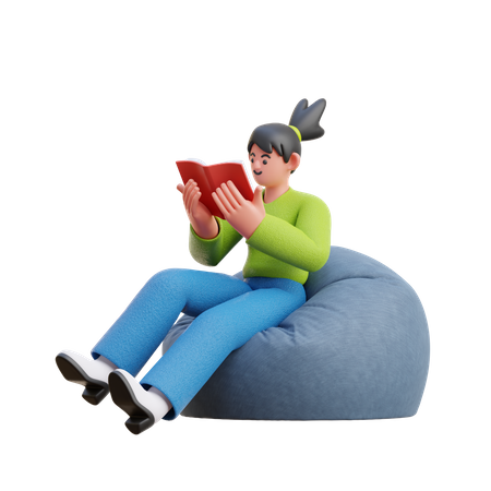 Frau liest ein Buch, während sie auf einem Sitzsack sitzt  3D Illustration