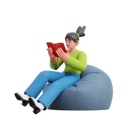 Frau liest ein Buch, während sie auf einem Sitzsack sitzt  3D Illustration