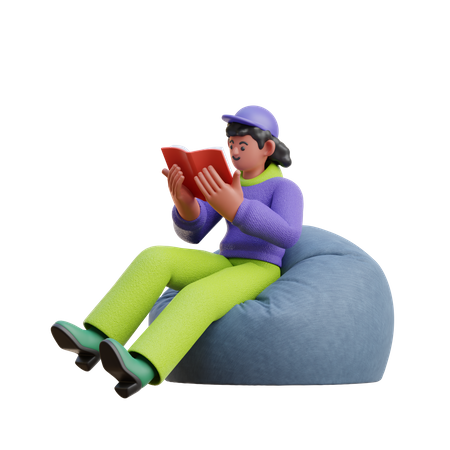 Frau liest ein Buch, während sie auf einem Sitzsack sitzt  3D Illustration