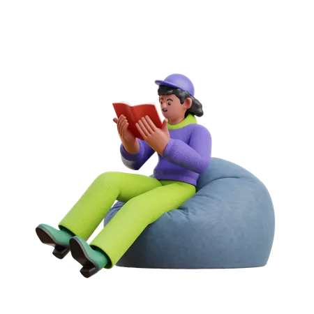 Frau liest ein Buch, während sie auf einem Sitzsack sitzt  3D Illustration