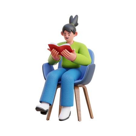 Frau liest ein Buch, während sie auf einem Stuhl sitzt  3D Illustration