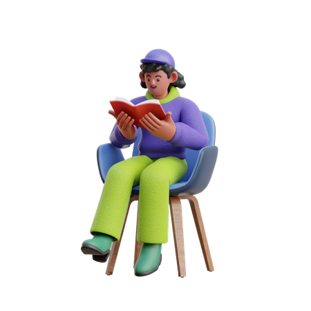 Frau liest ein Buch, während sie auf einem Stuhl sitzt  3D Illustration