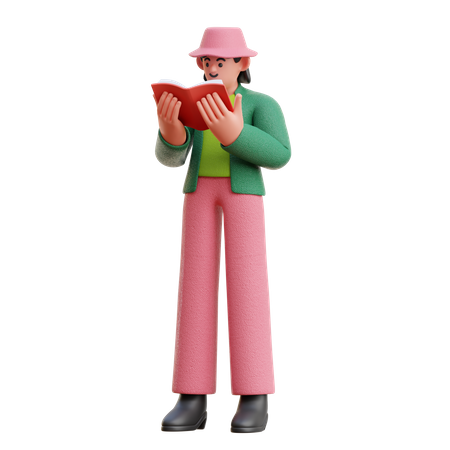 Frau liest ernsthaft ein Buch im Stehen  3D Illustration