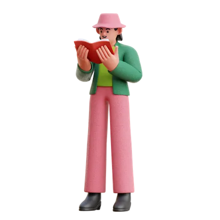 Frau liest ernsthaft ein Buch im Stehen  3D Illustration