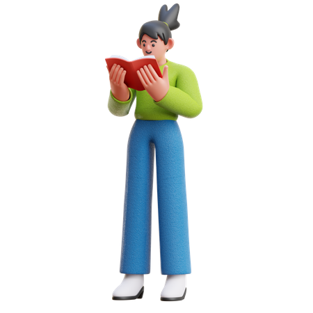 Frau liest ernsthaft ein Buch im Stehen  3D Illustration