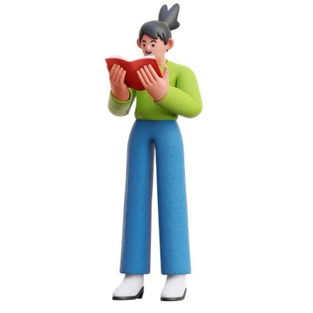 Frau liest ernsthaft ein Buch im Stehen  3D Illustration