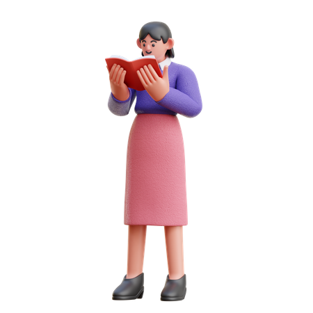 Frau liest ernsthaft ein Buch im Stehen  3D Illustration