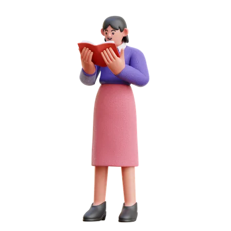 Frau liest ernsthaft ein Buch im Stehen  3D Illustration