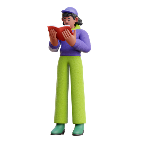 Frau liest ernsthaft ein Buch im Stehen  3D Illustration