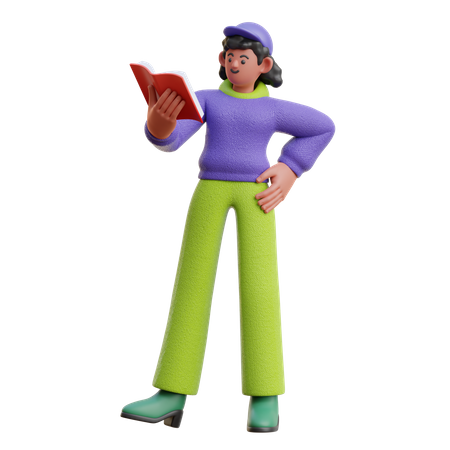 Frau liest ein Buch im Stehen  3D Illustration