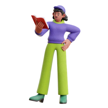 Frau liest ein Buch im Stehen  3D Illustration