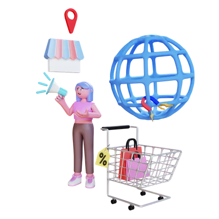 Frau macht digitales Marketing mit Megafon-Laden und Einkaufswagen  3D Illustration