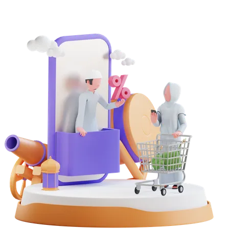 Frau beim Online-Shopping mit Rabatt im Ramadan  3D Illustration