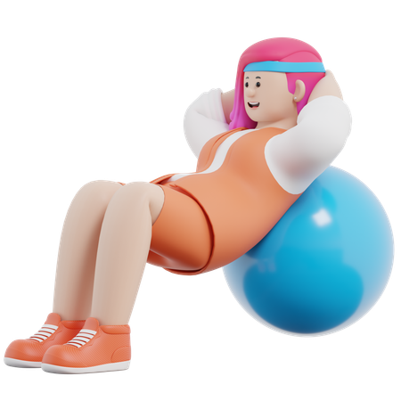 Frau macht Sit-ups und hält dabei einen großen Ball  3D Illustration