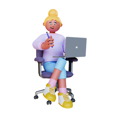Frau mit Bleistift und sitzen auf Stuhl mit Laptop  3D Icon