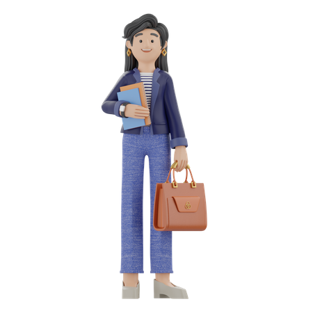 Frau mit Büchern und Tasche  3D Icon