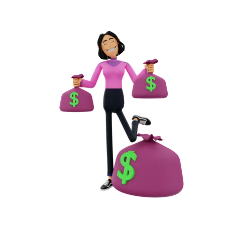 Frau mit Geldsäcken  3D Illustration