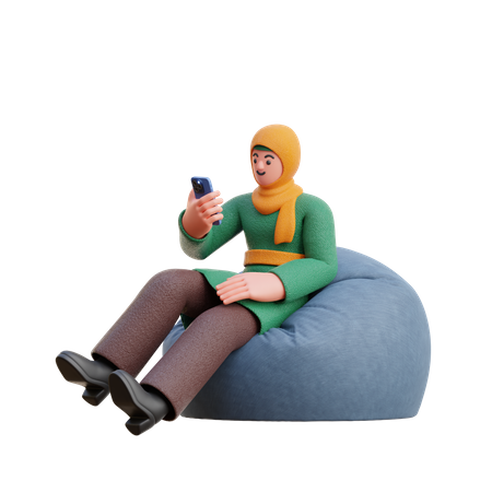Frau im Hijab schaut auf ihr Smartphone und sitzt auf einem Sitzsack  3D Illustration