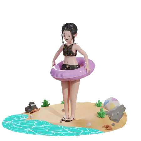 Frau mit schwebendem Ballon  3D Illustration