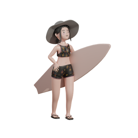 Frau mit Surfbrett  3D Illustration