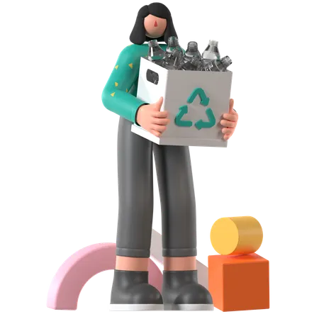 Frau recycelt Plastikflaschen  3D Illustration