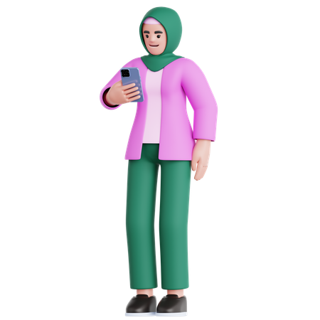 Frau schaut auf ihr Telefon  3D Illustration