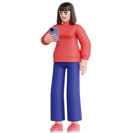 Frau schaut auf ihr Telefon  3D Illustration