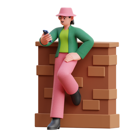 Frau Blick auf Smartphone an der Wand gelehnt  3D Illustration