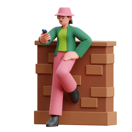 Frau Blick auf Smartphone an der Wand gelehnt  3D Illustration