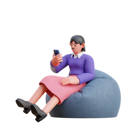 Weibliche Blick auf Smartphone sitzen auf Sitzsack  3D Illustration