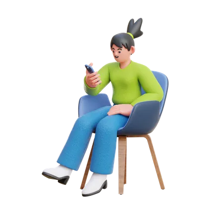 Frau Blick auf Smartphone sitzend auf Stuhl  3D Illustration