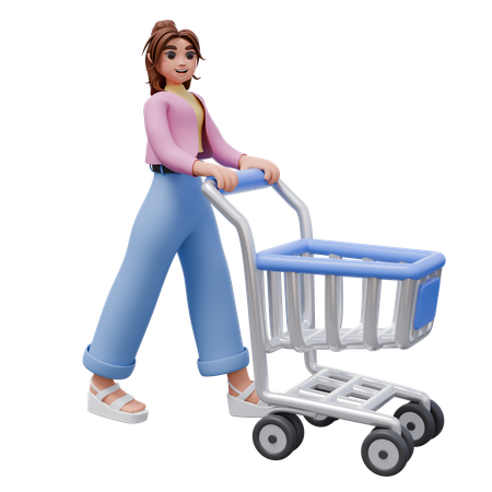 Frau schiebt Einkaufswagen  3D Illustration