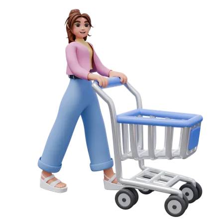 Frau schiebt Einkaufswagen  3D Illustration