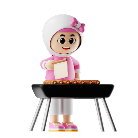 Frau schneidet Hähnchensteak mit Messer  3D Illustration