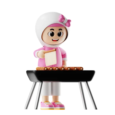 Frau schneidet Hähnchensteak mit Messer  3D Illustration