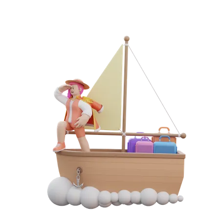 Frau segelt auf Boot  3D Illustration