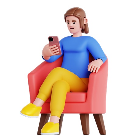 Frau schaut auf Telefon, sitzt auf Sofa  3D Illustration