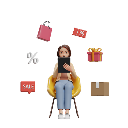 Frau sitzt auf einem Stuhl und macht Online-Shopping mit Tablet  3D Illustration