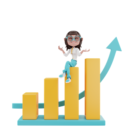 Frau sitzt am Diagramm und zeigt Wachstum  3D Illustration