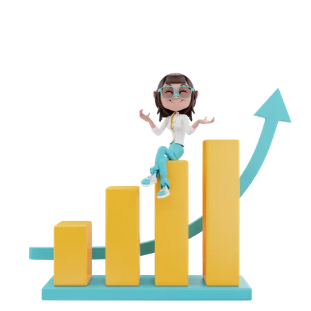 Frau sitzt am Diagramm und zeigt Wachstum  3D Illustration