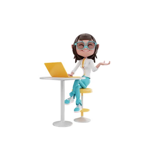 Frau sitzt mit Laptop am Tisch  3D Illustration