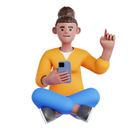 Frau sitzt und benutzt Telefon  3D Illustration