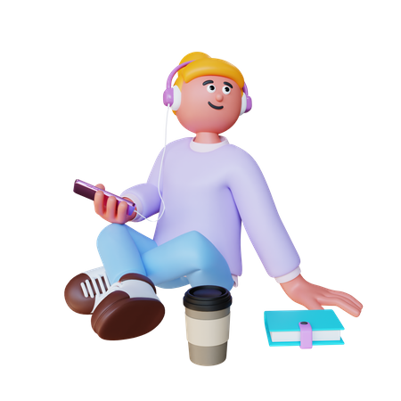 Frau sitzt und hört Musik mit Kopfhörer  3D Illustration