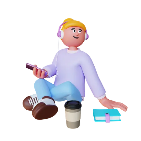 Frau sitzt und hört Musik mit Kopfhörer  3D Illustration