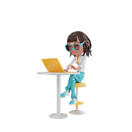 Frau sitzt konzentriert mit Laptop am Tisch  3D Illustration