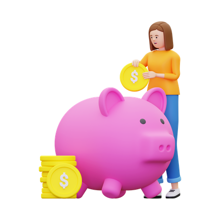 Frau spart Geld in Sparschwein  3D Illustration